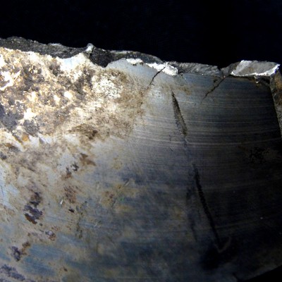 Aspect of the broken part of the blade that felt and was removed without disassembling the instrument. The fracture is to the top and at the blade surface it is possible to see secondary cracks propagating from the main crack.