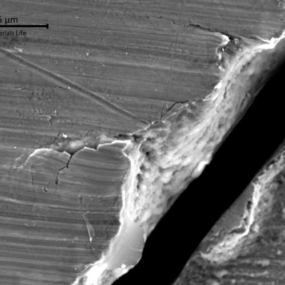 At the surface of the blade there are microcracks with a brittle aspect.