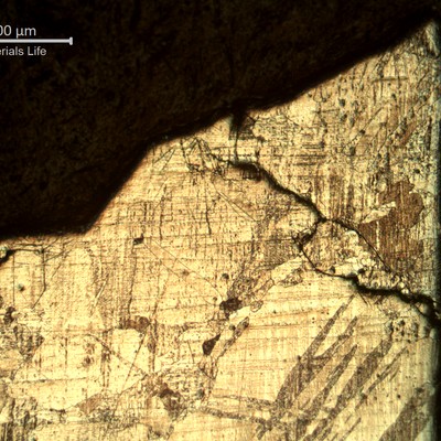 The main crack is to the top and the blade surface is to the right, in this micrography that does not reveal any plastic deformation, with transgranular and integranular cracks.