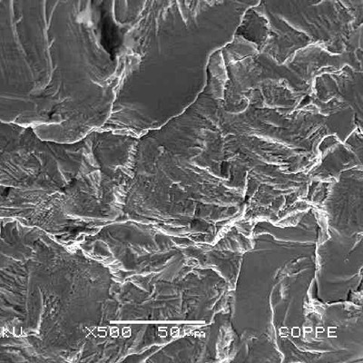 In the region where the fracture started there are brittle aspects resembling a cleavage micromechanism and several secondary cracks, transverse to the fracture surface,  as well as propagation by fatigue (striation).