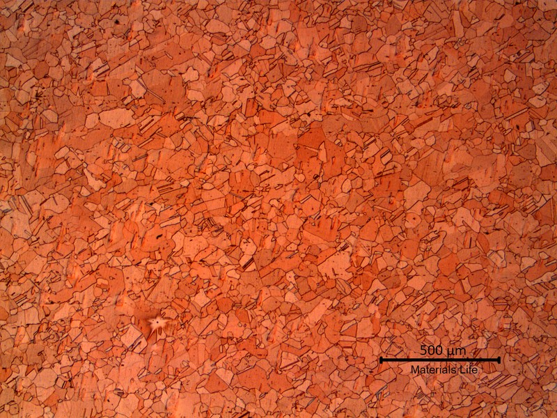 Micrographic aspect of the tube out of the damaged region, in a longitudinal section, showing the grain refined copper structure.