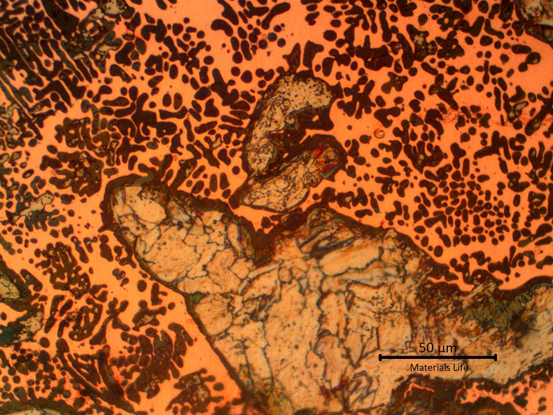 Micrographic detail of the melted materials. Grey islands of steel (with grains) and the dendritic structure of the orange copper and dark dots (probably due to oxygen contamination).