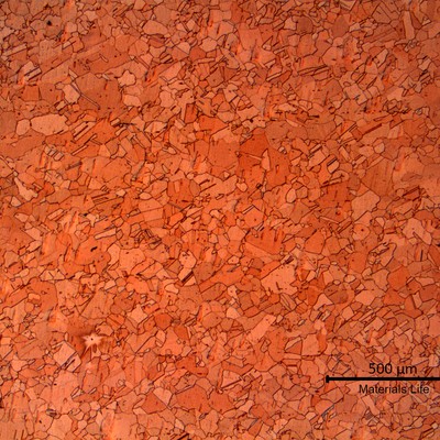 Micrographic aspect of the tube out of the damaged region, in a longitudinal section, showing the grain refined copper structure.