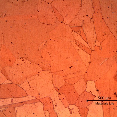 Micrographic aspect of the tube wall under the localized thinning, in a transverse section, showing a coarse structure due to high temperature grain growth.