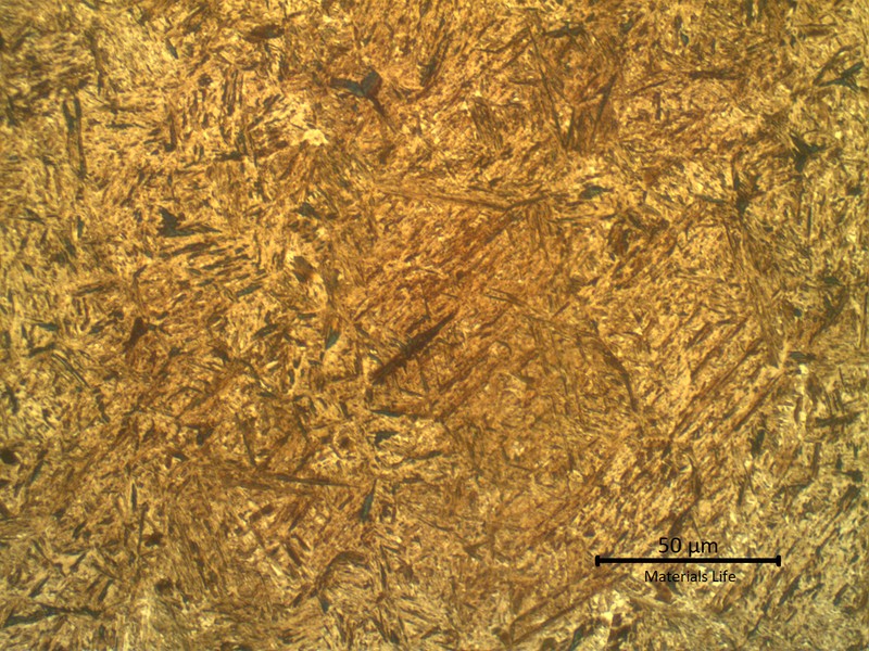 Micrographic detail of the case hardened martensitic structure, close to the surface, with a microhardness level of about 600 Vickers (load 0.3kg).