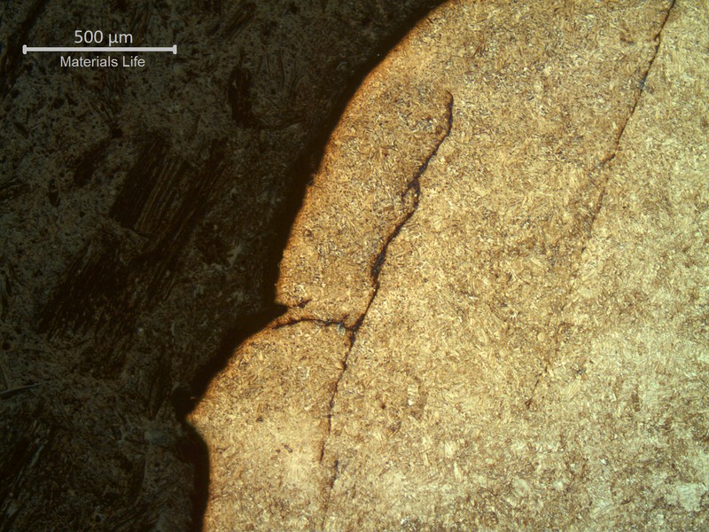 Micrographic detail of the fractured region transverse to the tooth. Secondary parallel cracks propagating in the tooth structure, tyypical of contact fatigue.