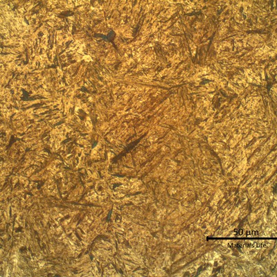 Micrographic detail of the case hardened martensitic structure, close to the surface, with a microhardness level of about 600 Vickers (load 0.3kg).