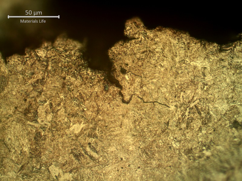 Micrography perpendicular to the fracture surface showing, in the secondary cracks, the intergranular morphology of the fracture.