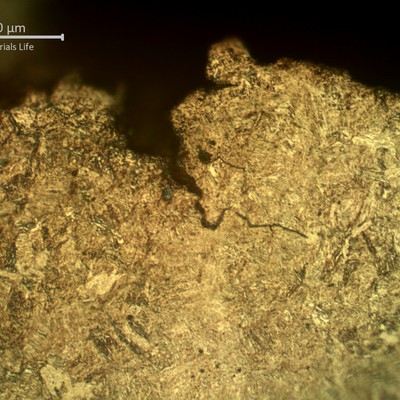 Micrography perpendicular to the fracture surface showing, in the secondary cracks, the intergranular morphology of the fracture.