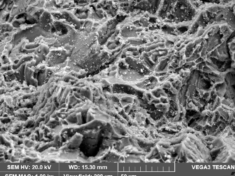 WHEEL 1 fracture detail showing predominantly dimples as the fracture micromechanism.