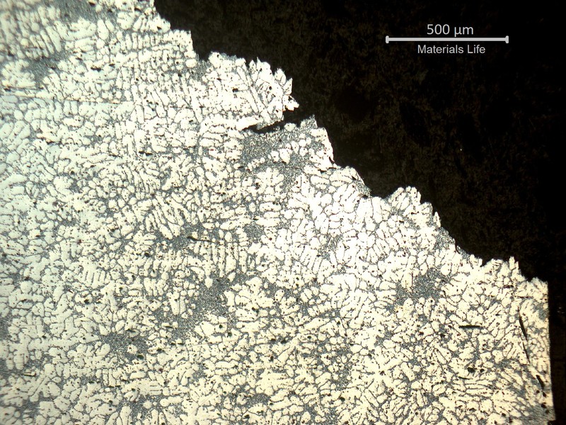 Micrography transverse to the fracture surface of the WHEEL 1.   The fracture is in the up right position of the photo and it can be observed a secondary cracking following the interdendritic precipitates.