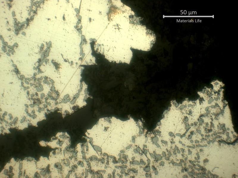 Micrographic detail of the secondary crack from the fracture surface of the WHEEL 1, following the interdendritic precipitates.