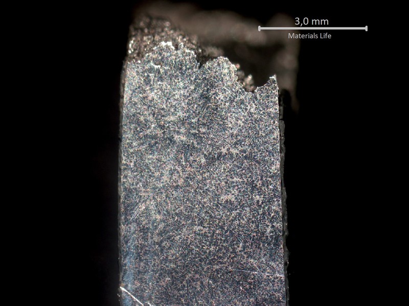 Macrography transverse to the fracture surface of the WHEEL 1. The fracture is in the top of the image.
