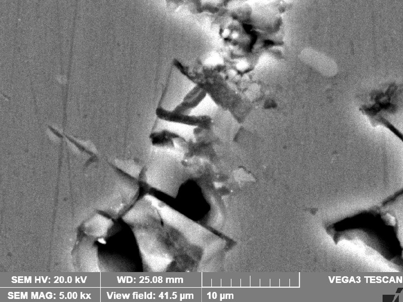 Detail of the brittle iron rich particles with several microcracks, that did not propagate during the impact that lead to the fracture.