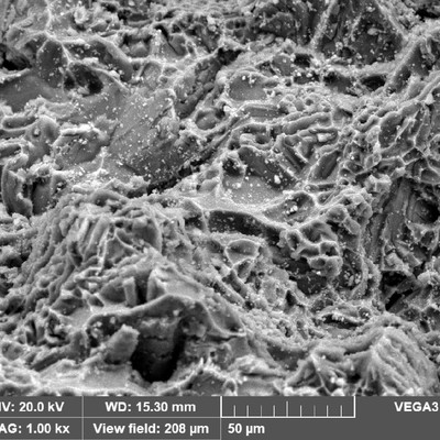 WHEEL 1 fracture detail showing predominantly dimples as the fracture micromechanism.