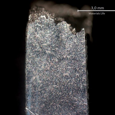 Macrography transverse to the fracture surface of the WHEEL 1.   The fracture is in the top of the image.