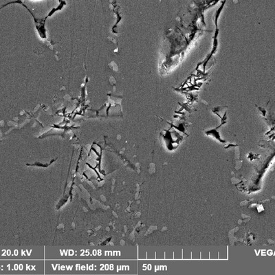 Detail of the micrography transverse to the fracture surface of the WHEEL 1, close to the void, that is a region of impurities.  The iron rich particles are brittle and with several microcracks, that did not propagate during the impact.